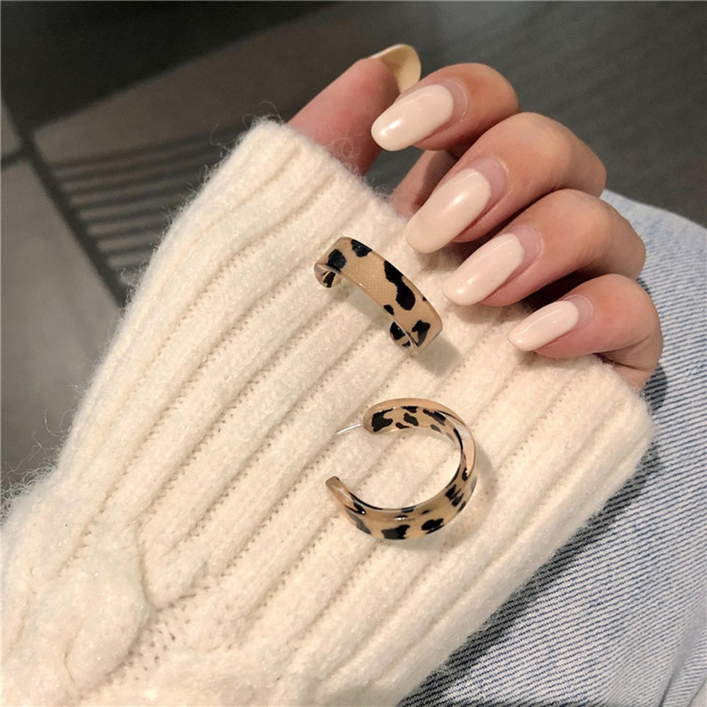 Women Brown Leopard Geometric Hoop Earrings