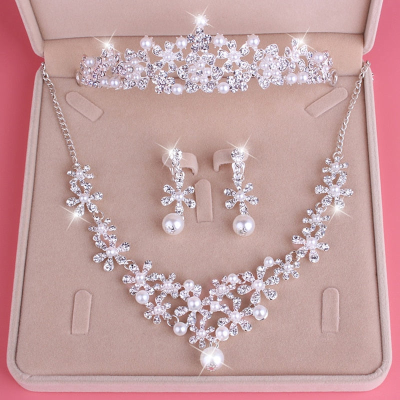 Pearl Tiara Necklace Earrings Sets