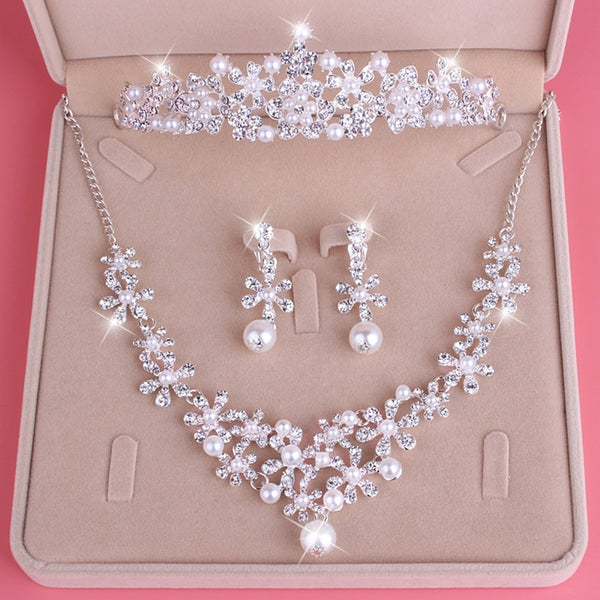 Conjuntos de joyas para novias de boda, conjuntos de collar y pendientes con tiara de perlas