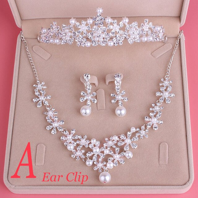 Pearl Tiara Necklace Earrings Sets
