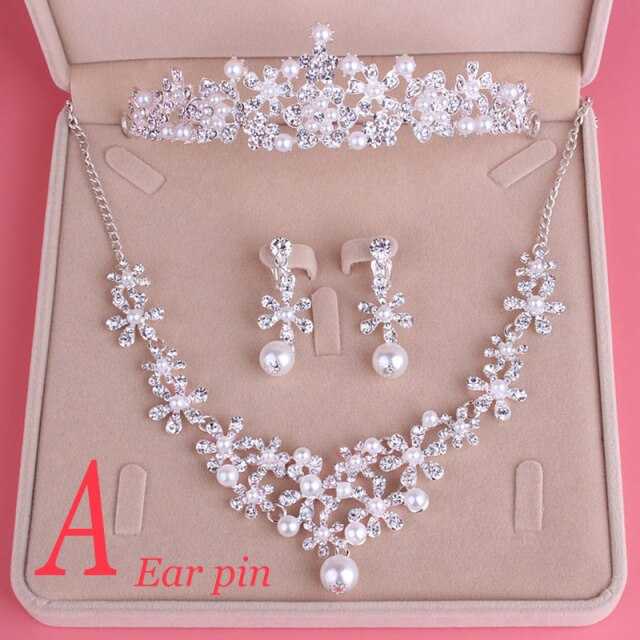 Pearl Tiara Necklace Earrings Sets