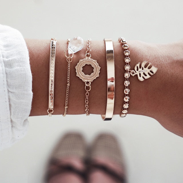 Boho Mixed Leaves Letter Map Chain Bracelet