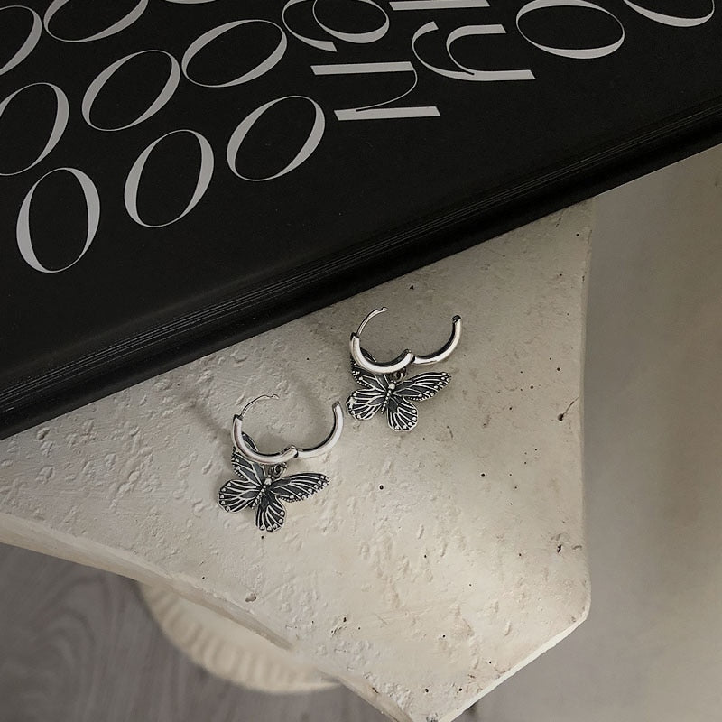 Vintage 90s Butterfly Alloy Silver Color Hoop Earrings