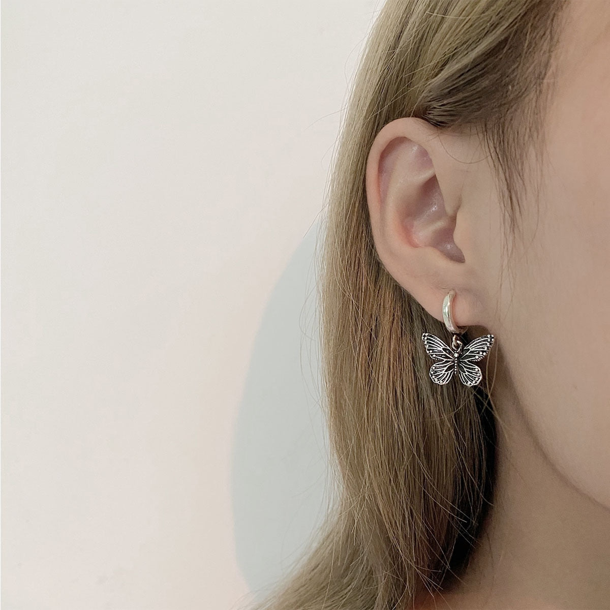 Vintage 90s Butterfly Alloy Silver Color Hoop Earrings