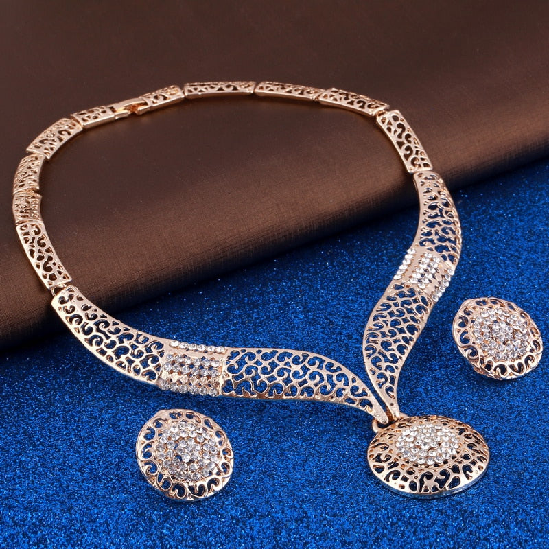 Rhinestone Pendant Collar Bracelet Crystal Earrings Rings Sets