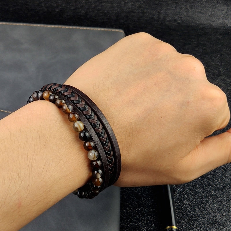 Boho Jewelry Beads Leather Charm Bracelet for Men