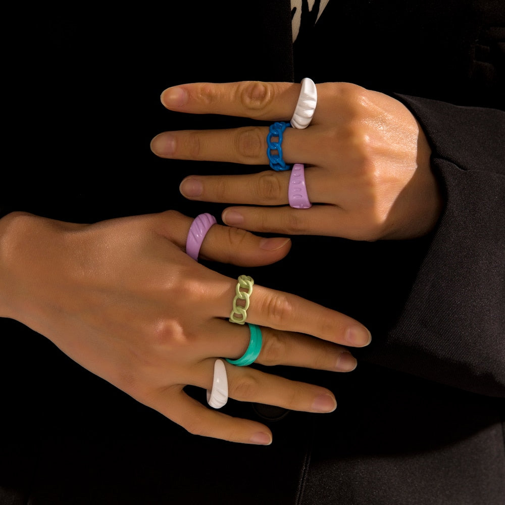 Colorful Dripping Oil Geometric Chain Open Rings Set