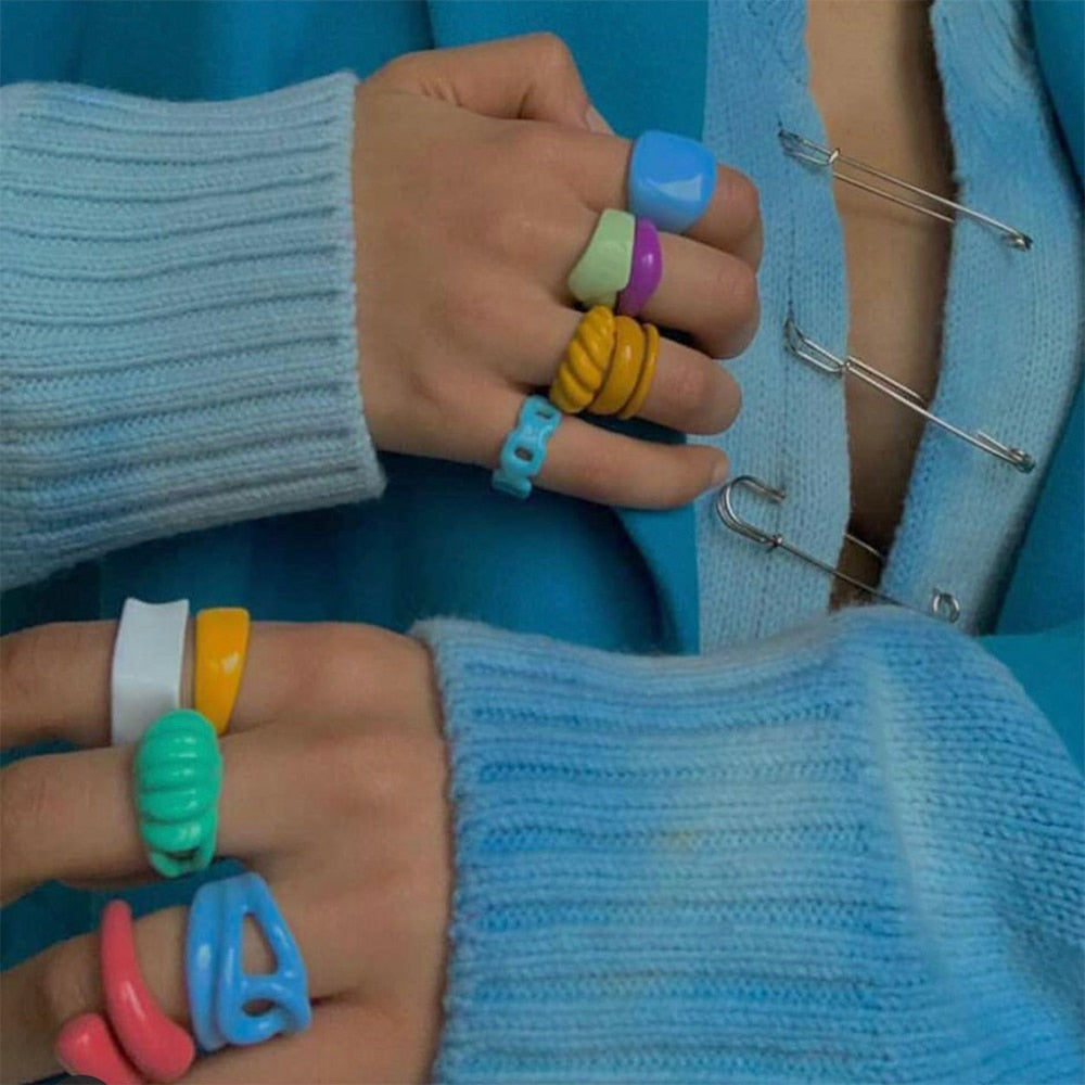 Colorful Dripping Oil Geometric Chain Open Rings Set