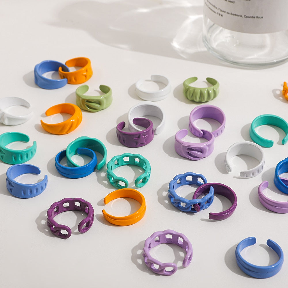 Colorful Dripping Oil Geometric Chain Open Rings Set