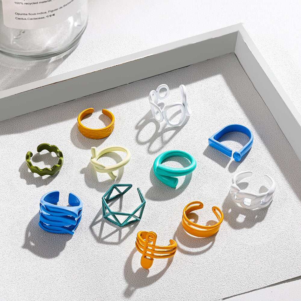Colorful Dripping Oil Geometric Chain Open Rings Set