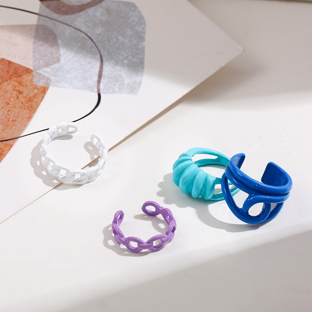 Colorful Dripping Oil Geometric Chain Open Rings Set