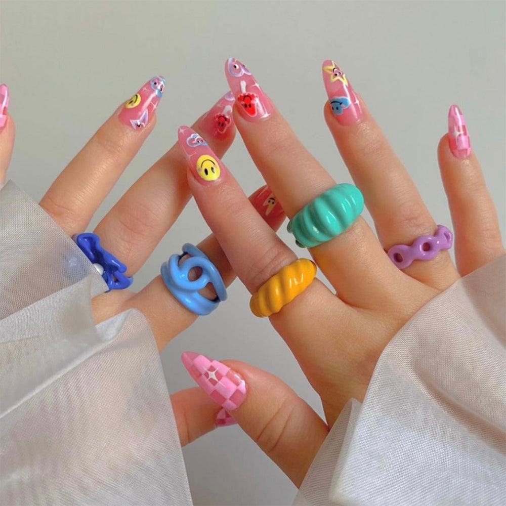 Colorful Dripping Oil Geometric Chain Open Rings Set