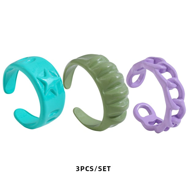 Colorful Dripping Oil Geometric Chain Open Rings Set