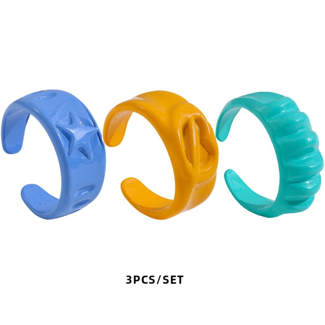 Colorful Dripping Oil Geometric Chain Open Rings Set