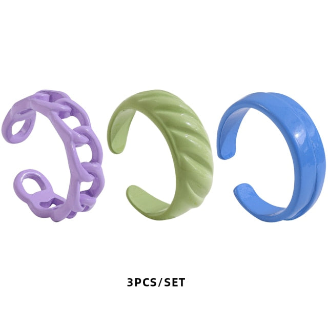 Colorful Dripping Oil Geometric Chain Open Rings Set