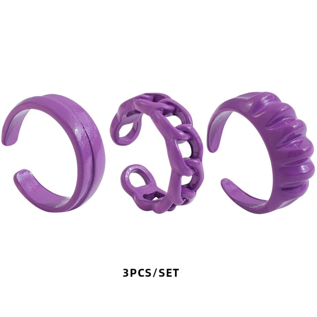 Colorful Dripping Oil Geometric Chain Open Rings Set