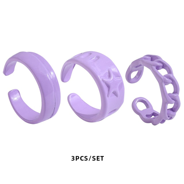 Colorful Dripping Oil Geometric Chain Open Rings Set