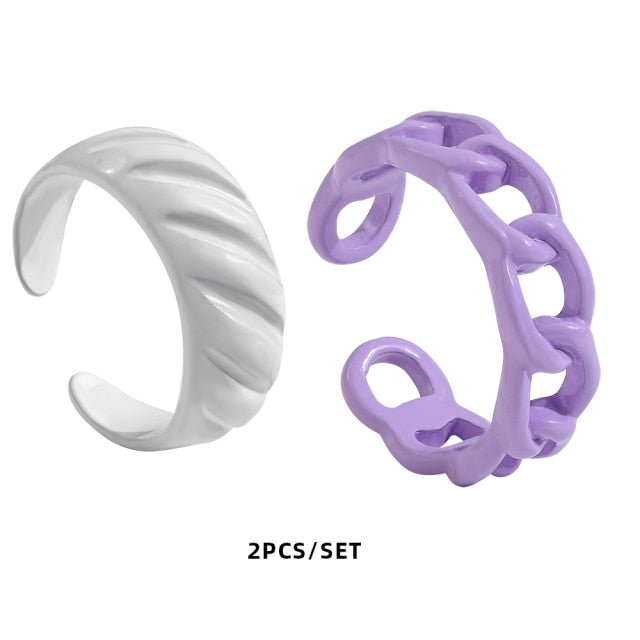 Colorful Dripping Oil Geometric Chain Open Rings Set