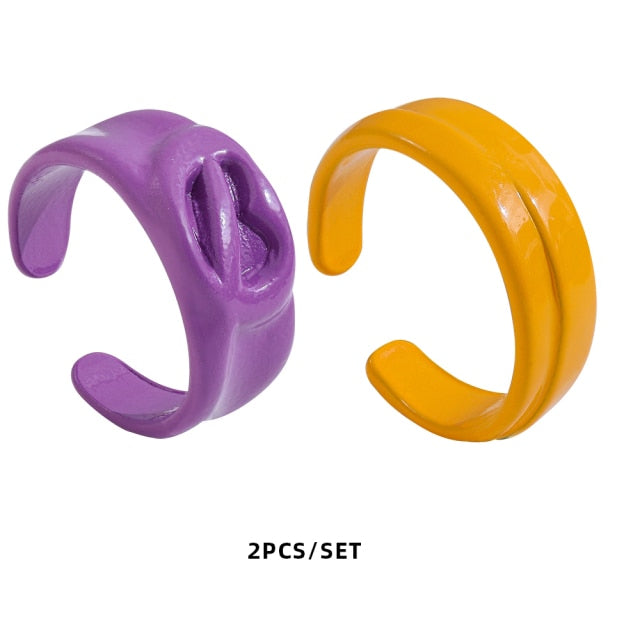 Colorful Dripping Oil Geometric Chain Open Rings Set