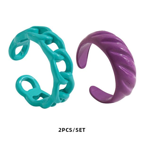 Colorful Dripping Oil Geometric Chain Open Rings Set