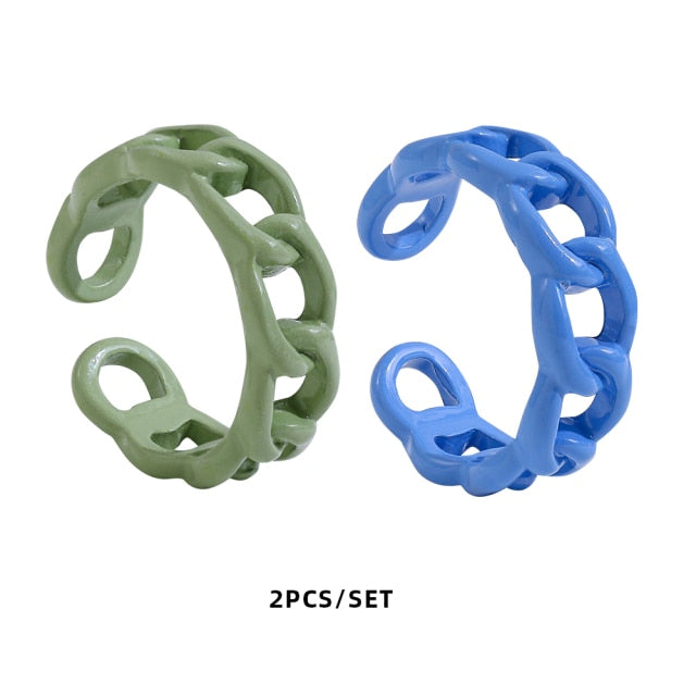 Colorful Dripping Oil Geometric Chain Open Rings Set