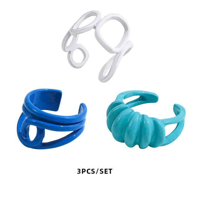 Colorful Dripping Oil Geometric Chain Open Rings Set