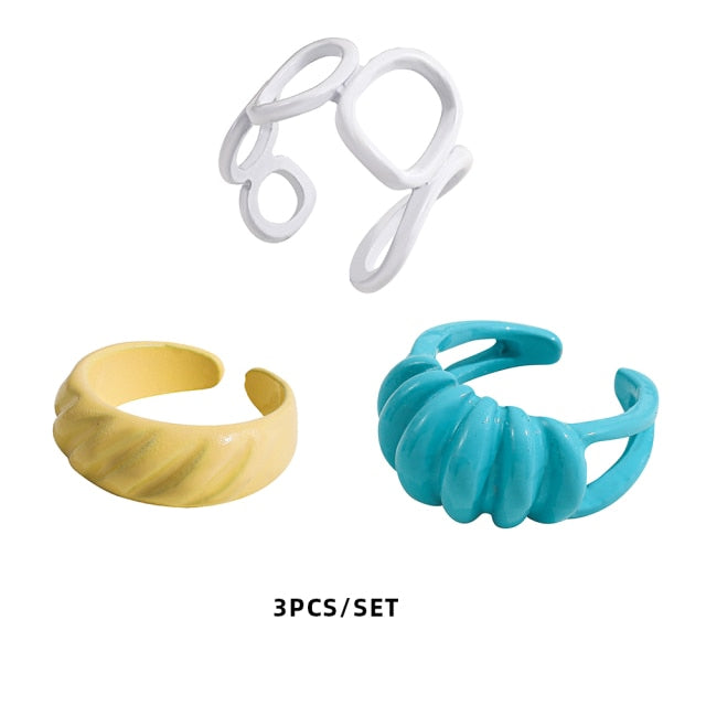 Colorful Dripping Oil Geometric Chain Open Rings Set