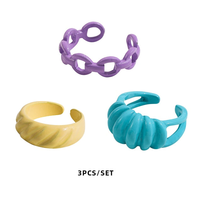 Colorful Dripping Oil Geometric Chain Open Rings Set