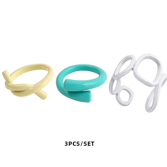 Colorful Dripping Oil Geometric Chain Open Rings Set