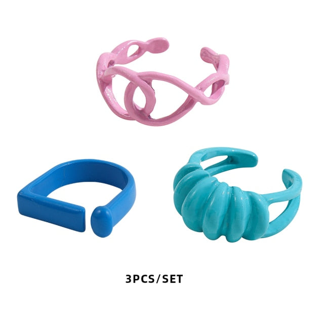Colorful Dripping Oil Geometric Chain Open Rings Set