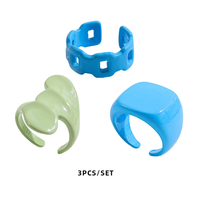 Colorful Dripping Oil Geometric Chain Open Rings Set