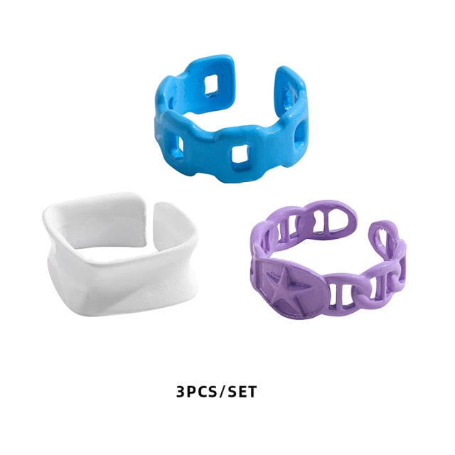 Colorful Dripping Oil Geometric Chain Open Rings Set