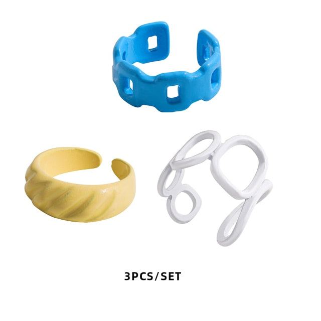 Colorful Dripping Oil Geometric Chain Open Rings Set