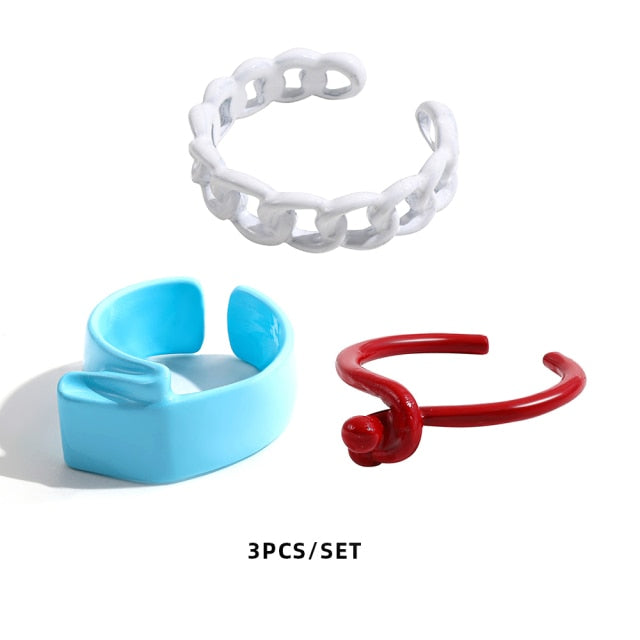 Colorful Dripping Oil Geometric Chain Open Rings Set