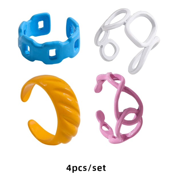 Colorful Dripping Oil Geometric Chain Open Rings Set