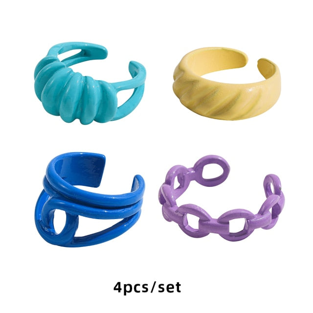 Colorful Dripping Oil Geometric Chain Open Rings Set