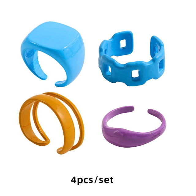 Colorful Dripping Oil Geometric Chain Open Rings Set