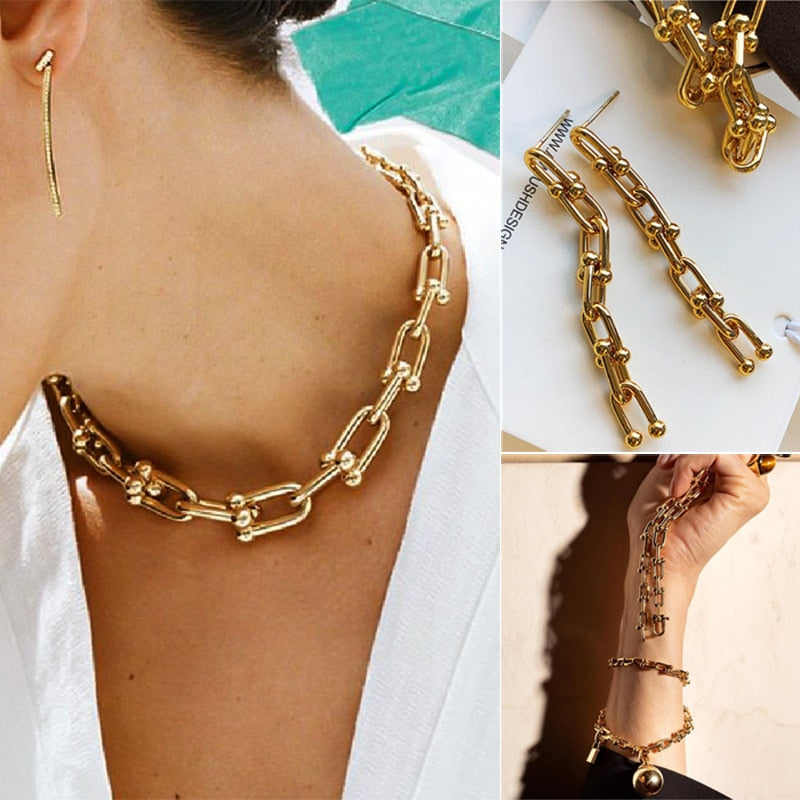Simple U-shaped Horseshoe Buckle Stitching Chain Bracelet Set