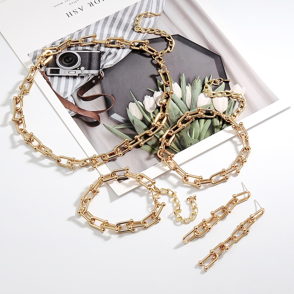 Simple U-shaped Horseshoe Buckle Stitching Chain Bracelet Set