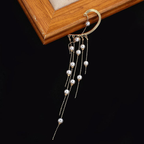 Korean Pearl Earrings   Long Drill Arc Ear Hanging Clip Earrings