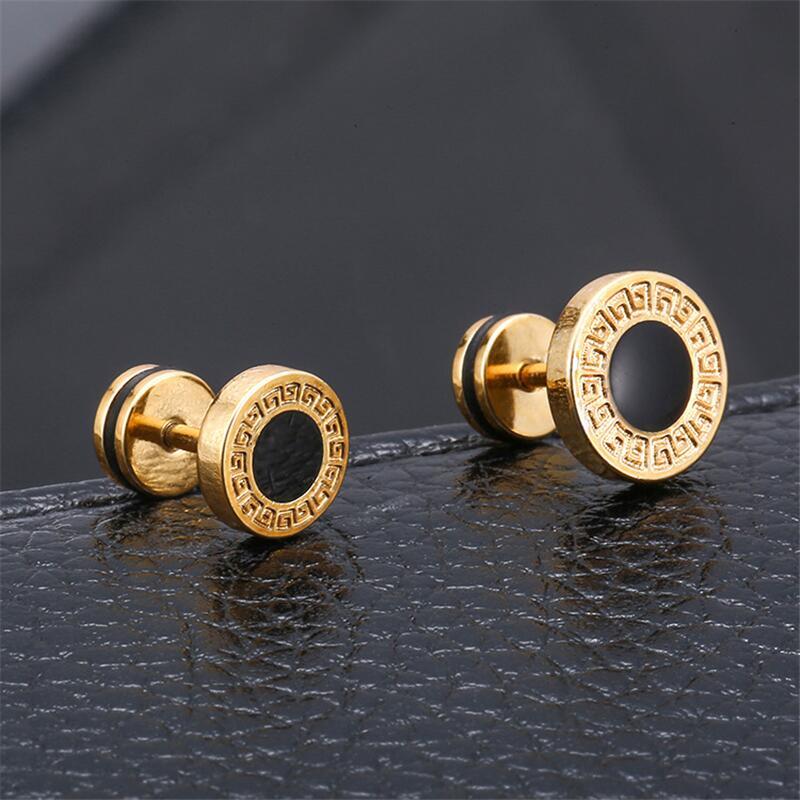 Men Ear Piericng Black Stone Gold Silver Color Face Stud Earring Jewelry