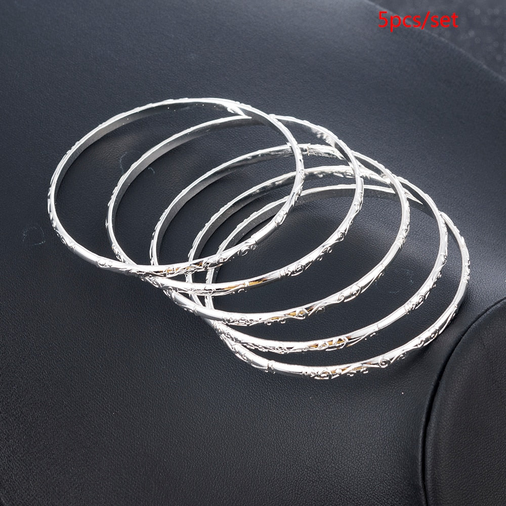 Simple Carving Flower Pattern Cuff Bracelet Bangle Sets
