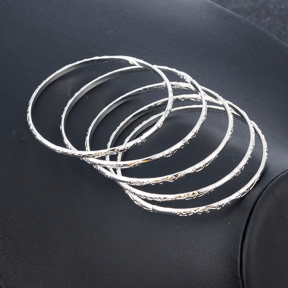 Simple Carving Flower Pattern Cuff Bracelet Bangle Sets
