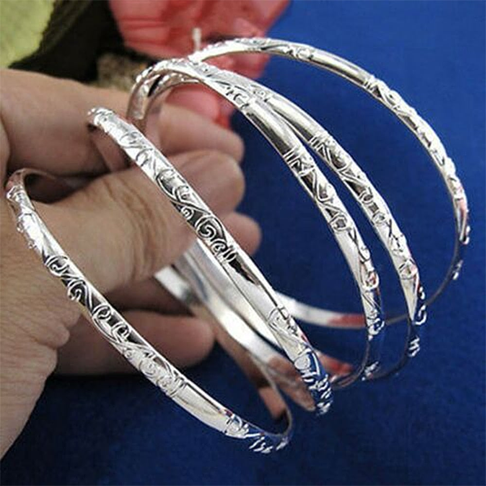 Simple Carving Flower Pattern Cuff Bracelet Bangle Sets