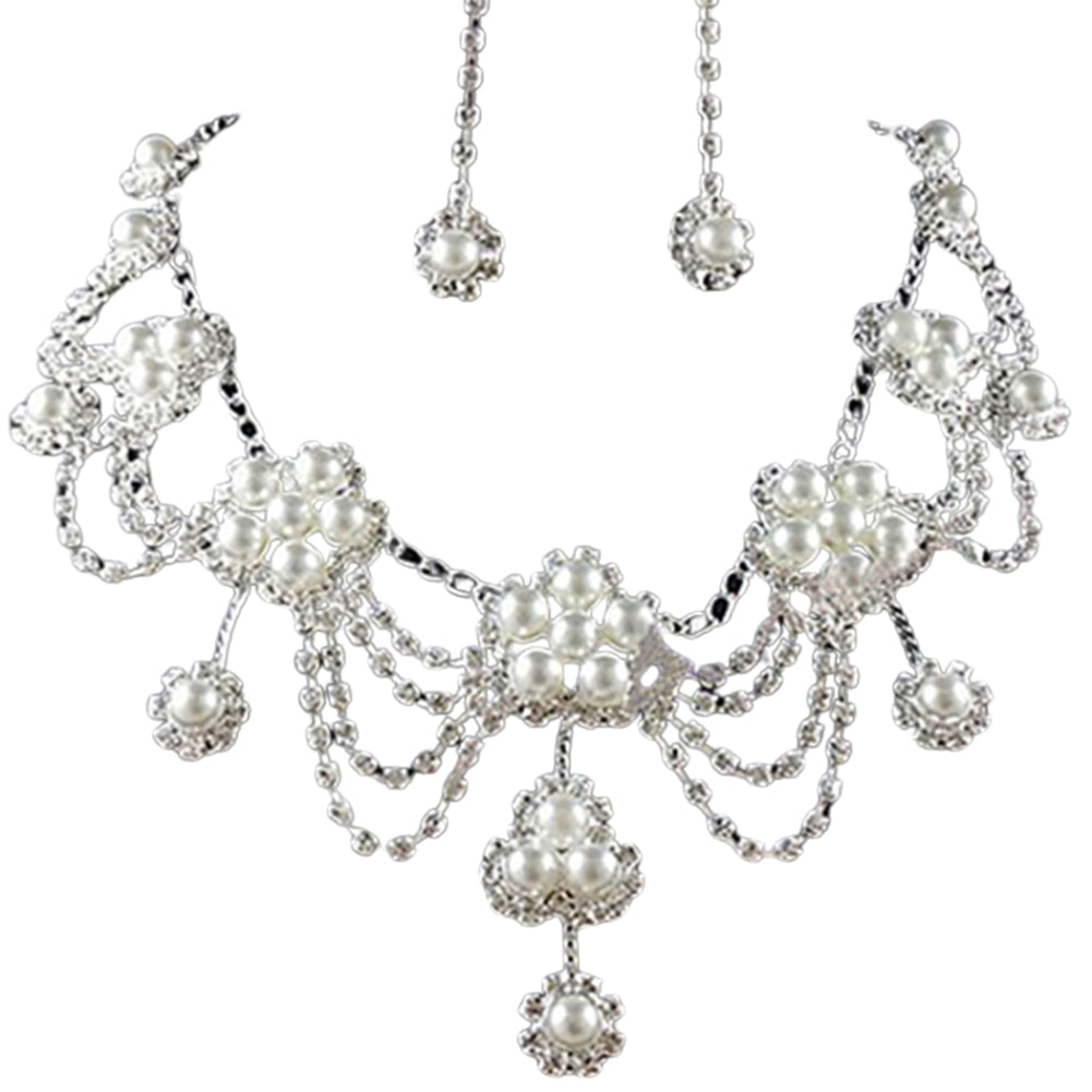 Women's Luxury Rhinestone Faux Pearl Necklace Earring Jewelry Set