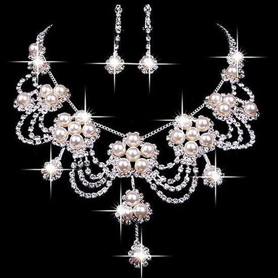 Women's Luxury Rhinestone Faux Pearl Necklace Earring Jewelry Set