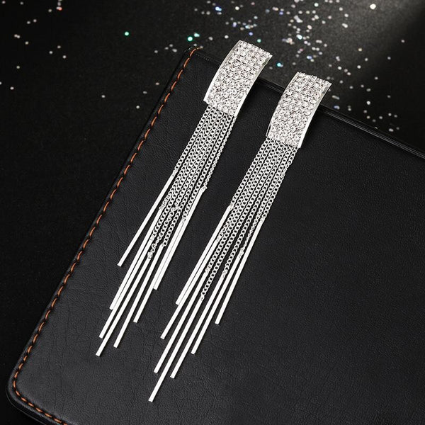 Gold Color Long Crystal Tassel clip on Earrings Without Piercing  for Women
