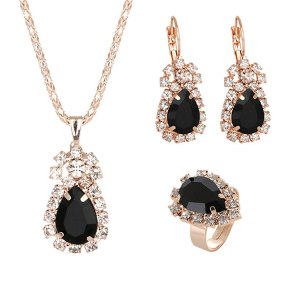 Fashion Waterdrop Shiny Rhinestones Necklace Ring Earrings  Jewelry Set