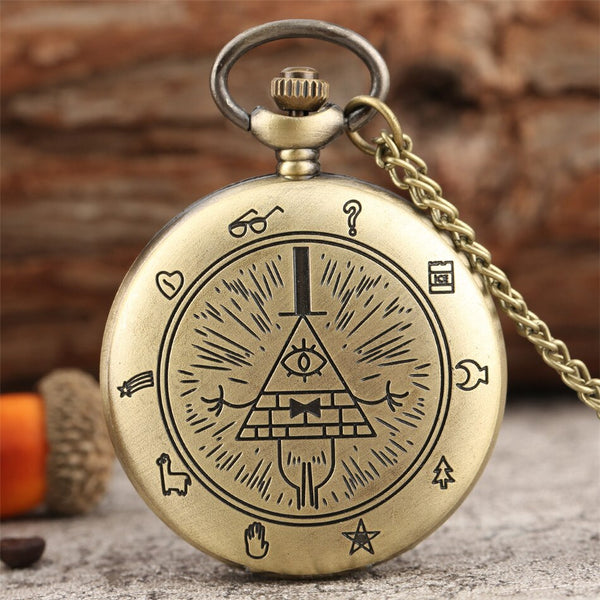 Reloj de bolsillo de cuarzo con temática Bill Cipher, estilo retro bronce, negro y gris