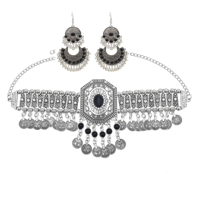 Afghan Silver Color Coin Tassel Bib Statement Necklace & Earring Sets